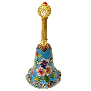 Vintage Cloisonné Blue Floral Dinner Bell 4.5" Filigree Handle Decorative